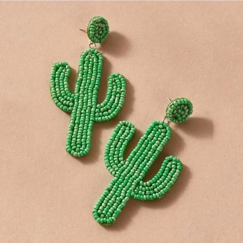 Cactus Glass Bead Green Statement Desert Plant Southwestern Dangle Party Earring